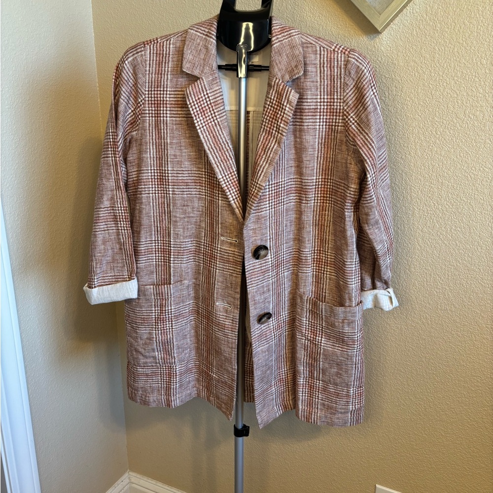 J.‎ Jill Linen Blend Plaid Blazer Jacket XS Brown Neutral Lightweight